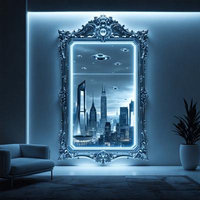 The primary subject of the image is a large mirror with a cityscape reflected in it. The mirror is placed on a wall, and the cityscape features tall buildings and a nighttime sky. The setting appears to be a modern, urban environment. The visual style of the image is a combination of photo and digital art, creating a unique and captivating scene. The colors and mood of the image are predominantly blue, giving it a calm and serene atmosphere.